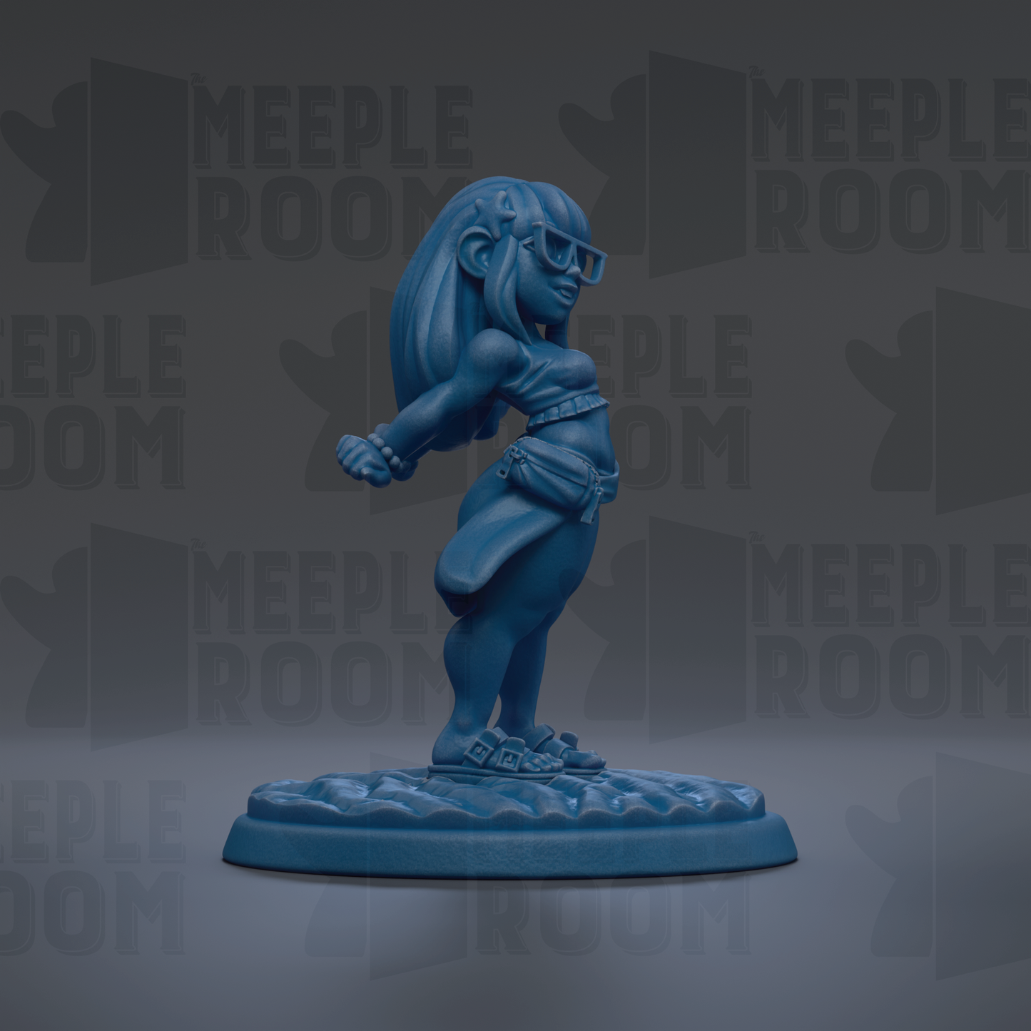 A blue figurine of a woman with long hair and glasses is standing on a base, with the text "MEUPLE ROOM" repeated in the background.