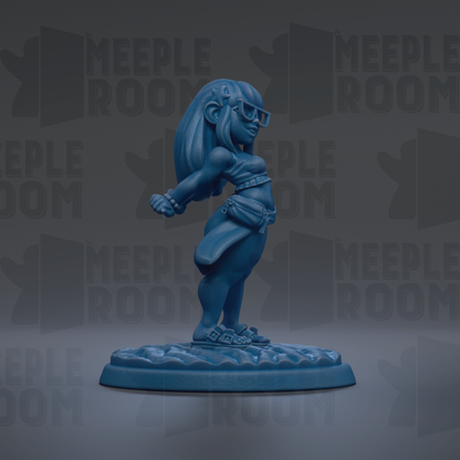 A blue figurine of a woman with long hair and glasses is standing on a base, with the text "MEUPLE ROOM" repeated in the background.