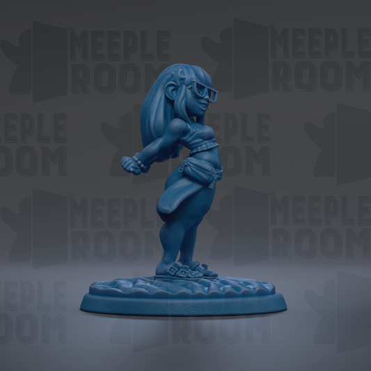 A blue figurine of a woman with long hair and glasses is standing on a base, with the text "MEUPLE ROOM" repeated in the background.