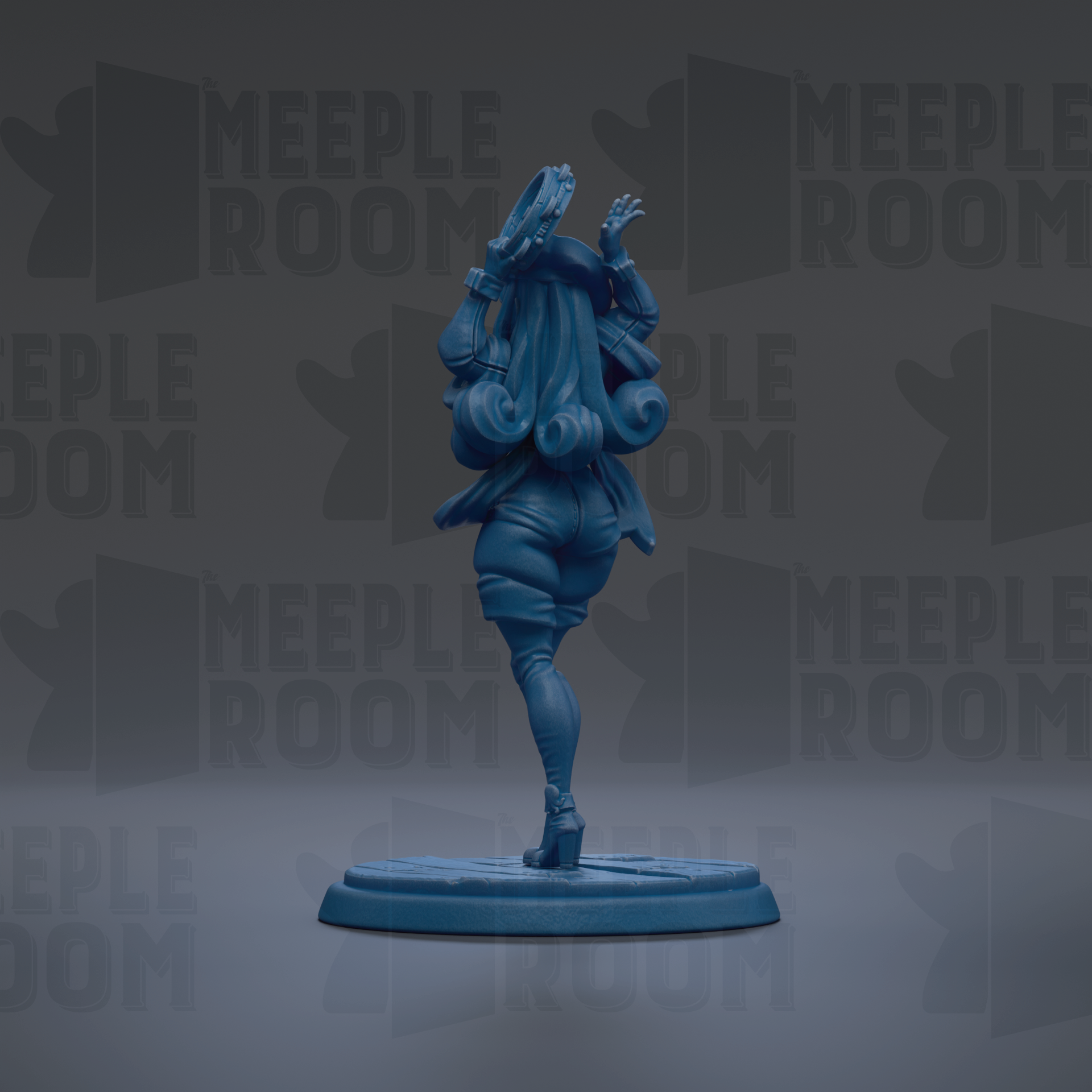 A blue figurine of a person standing on a blue base, with the text "MEUPLE ROOM" repeated in the background.