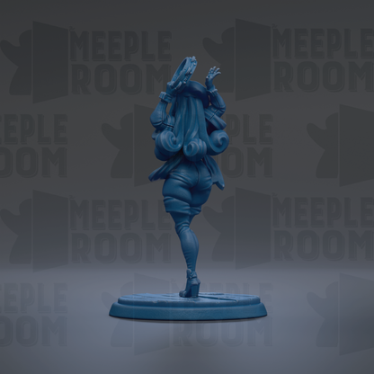 A blue figurine of a person standing on a blue base, with the text "MEUPLE ROOM" repeated in the background.