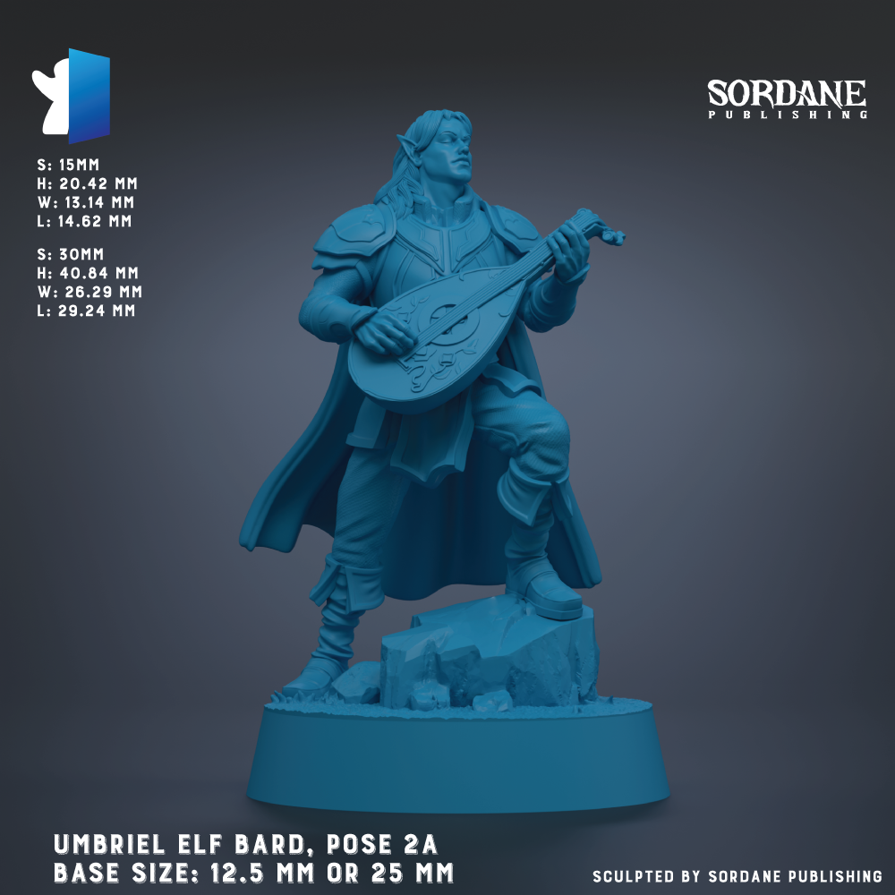 The image is a 3D rendering of a figurine of an elf playing a lute, standing on a rock. The figurine is in a pose that suggests it is playing the lute. The figurine is described as being in a base size of 12.5 mm or 25 mm. The image is published by Sordane Publishing.