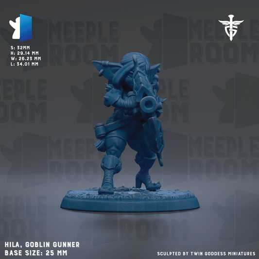 a blue figurine of a gunner, specifically a Hobbit Gunner, with a base size of 25mm.