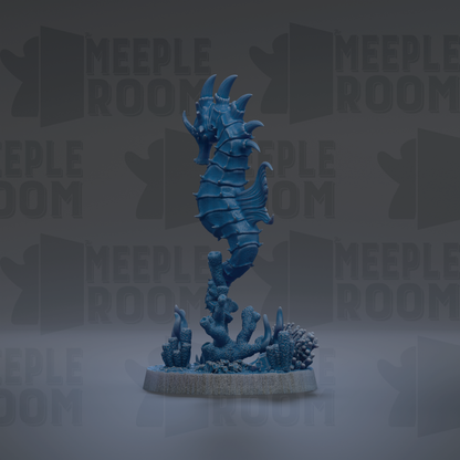 A blue, 3D-rendered seahorse figurine is displayed against a dark background with repeated text.