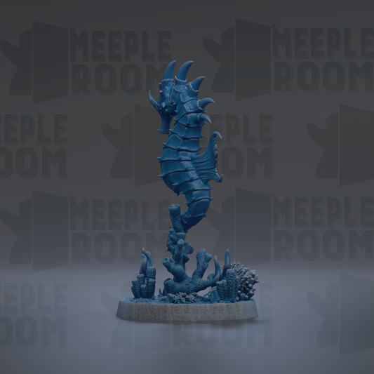 A blue, 3D-rendered seahorse figurine is displayed against a dark background with repeated text.