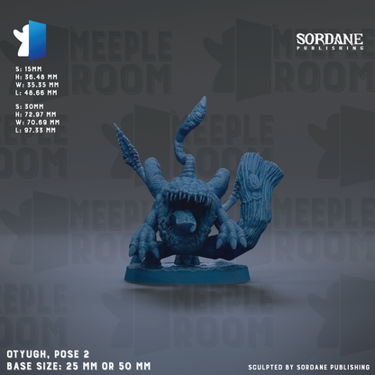 The image is a detailed 3D rendering of a blue monster figurine, with the monster's mouth open and its tail curled around its body. The monster appears to be a large, menacing creature with sharp teeth and claws. The image is set against a dark background, which emphasizes the monster's presence. The image is described as a "base size: 25 mm or 50 mm" and is published by Sordane Publishing.