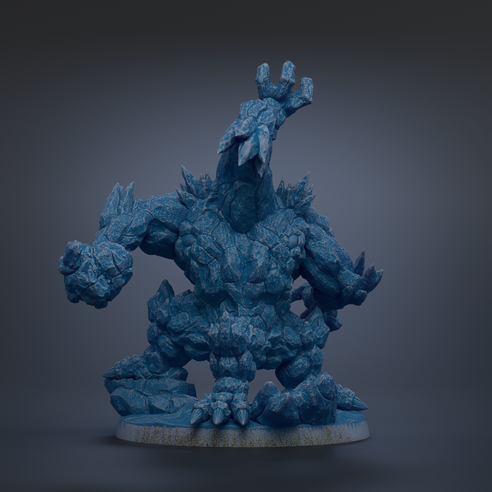A 3D rendering of a blue, rocky-looking creature with sharp claws and a raised head, standing on a platform.