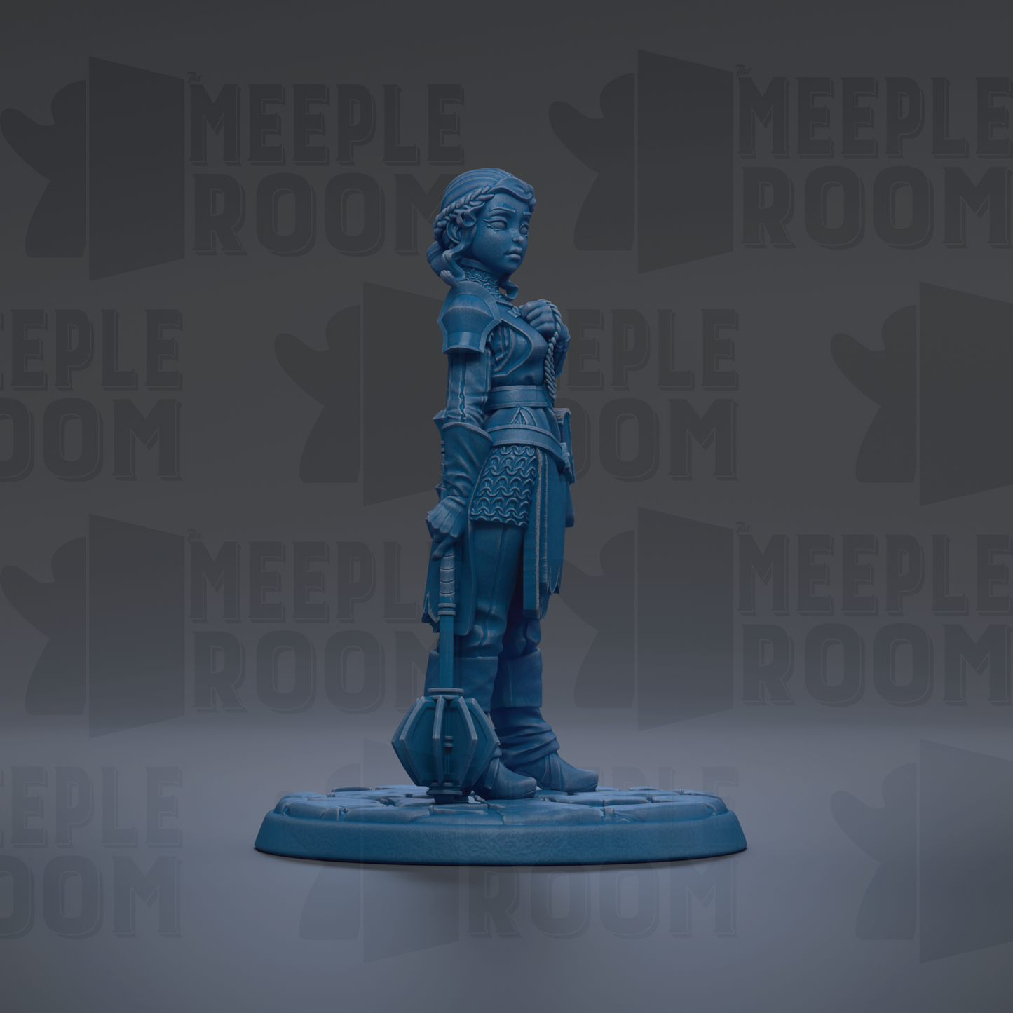 A blue figurine of a woman standing on a base, with the text "MEUPLE ROOM" repeated in the background.