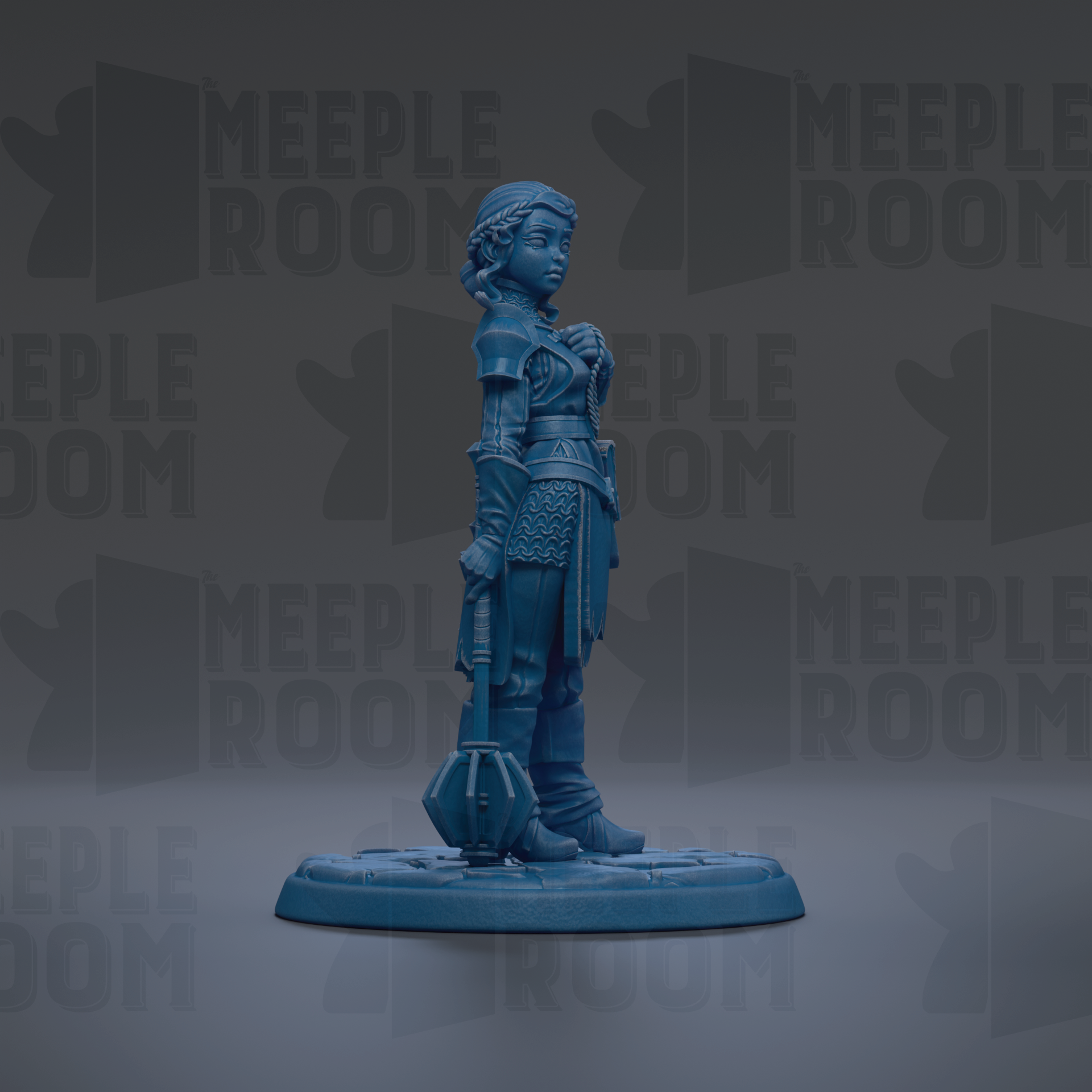 A blue figurine of a woman standing on a base, with the text "MEUPLE ROOM" repeated in the background.