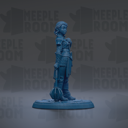 A blue figurine of a woman standing on a base, with the text "MEUPLE ROOM" repeated in the background.