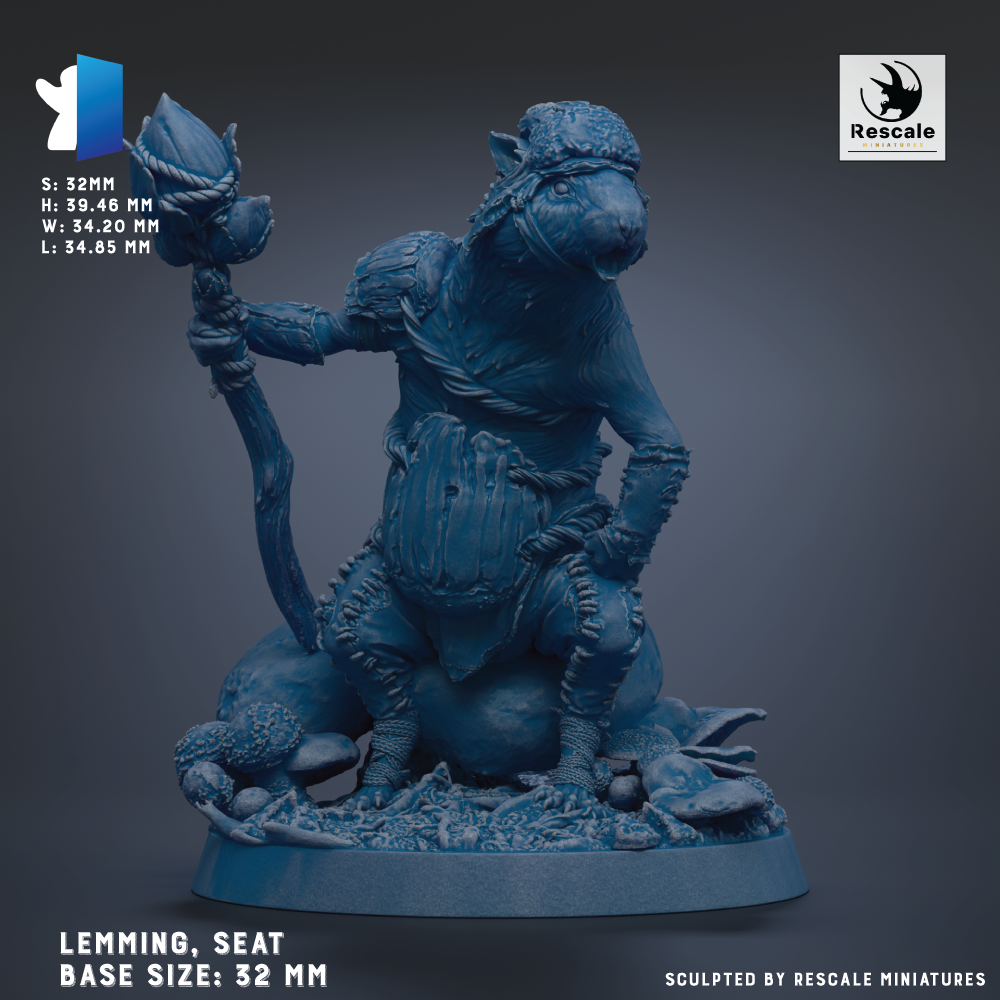 The image is a 3D model of a seated monster figurine, with a detailed and realistic appearance. The base size of the figurine is 32 mm.