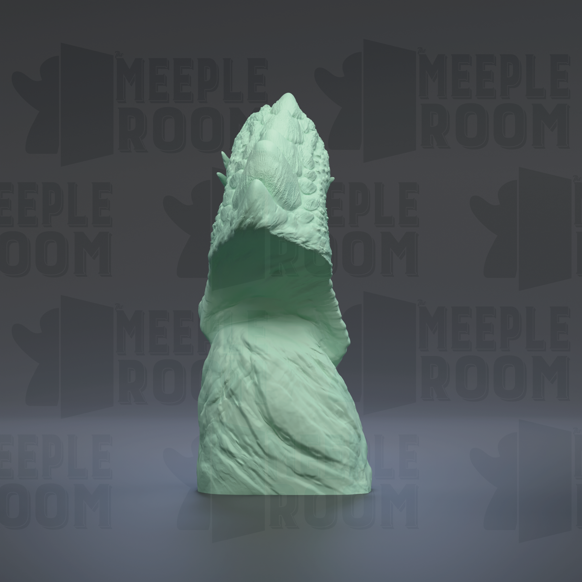 A green, textured sculpture of a creature, possibly a dragon or serpent, is displayed against a dark background with repeated text.