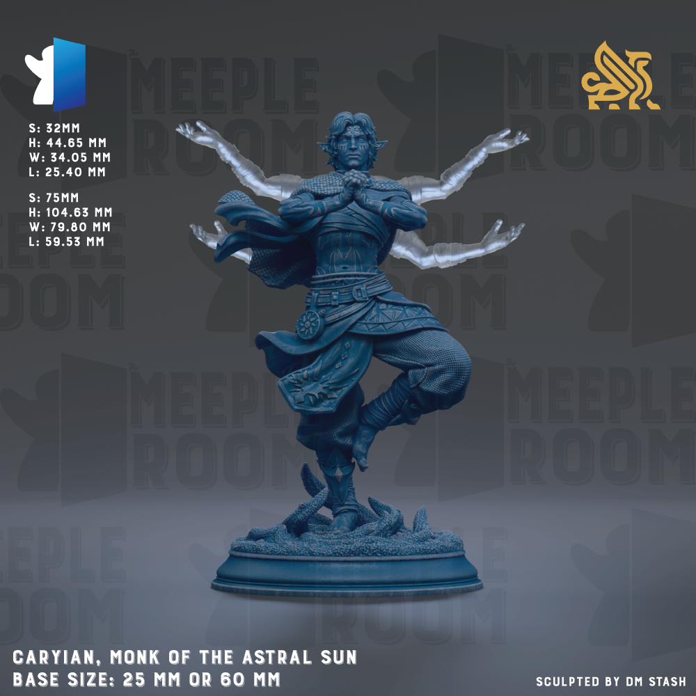 The image is a 3D rendering of a statue of a monk, specifically Caryian, the Monk of the Astral Sun. The statue is depicted in a dynamic pose, with arms outstretched, and is shown in two different sizes: 25mm and 60mm. The background of the image is a dark gray color, and there is text overlaying the image that provides information about the statue, including its base size and the sculptor.