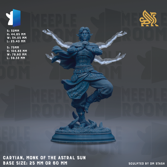 The image is a 3D rendering of a statue of a monk, specifically Caryian, the Monk of the Astral Sun. The statue is depicted in a dynamic pose, with arms outstretched, and is shown in two different sizes: 25mm and 60mm. The background of the image is a dark gray color, and there is text overlaying the image that provides information about the statue, including its base size and the sculptor.