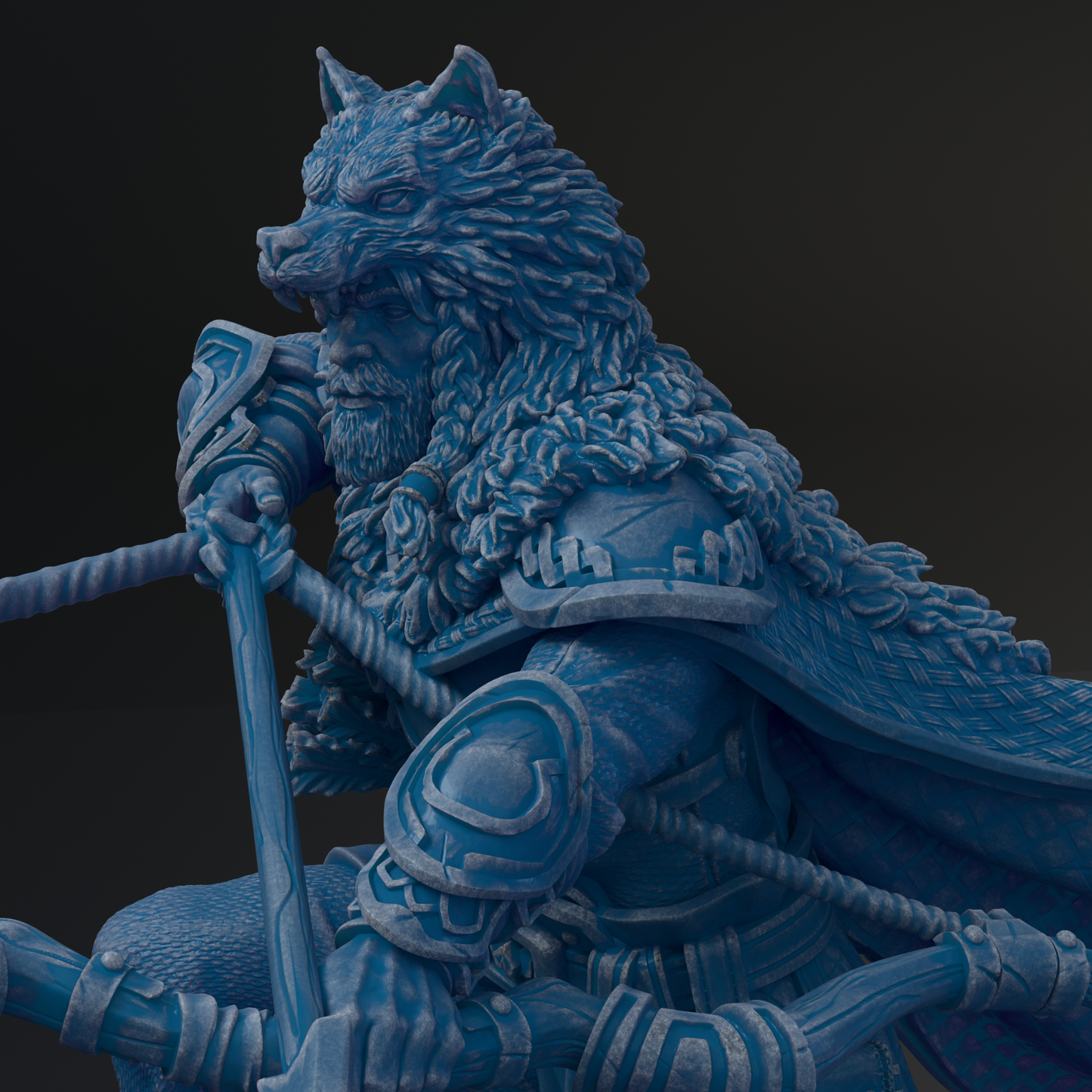 A detailed 3D rendering of a wolf-like creature with a fierce expression, wearing ornate armor and wielding a weapon.