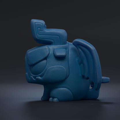 A blue, cartoon-like creature with a large head and wings is sitting on a dark surface.
