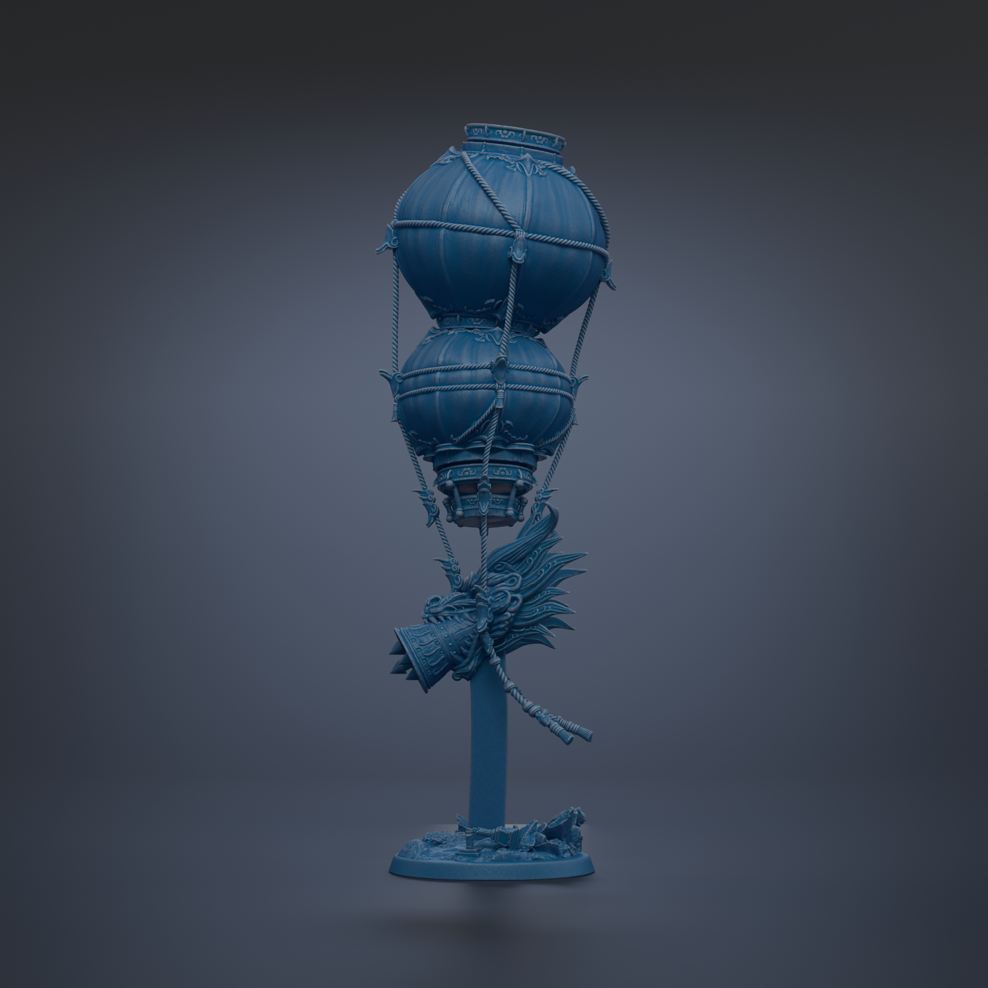 A blue, spherical sculpture with a dragon-like figure attached to it, set against a dark background.