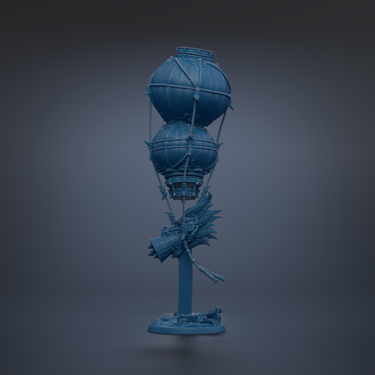 A blue, spherical sculpture with a dragon-like figure attached to it, set against a dark background.