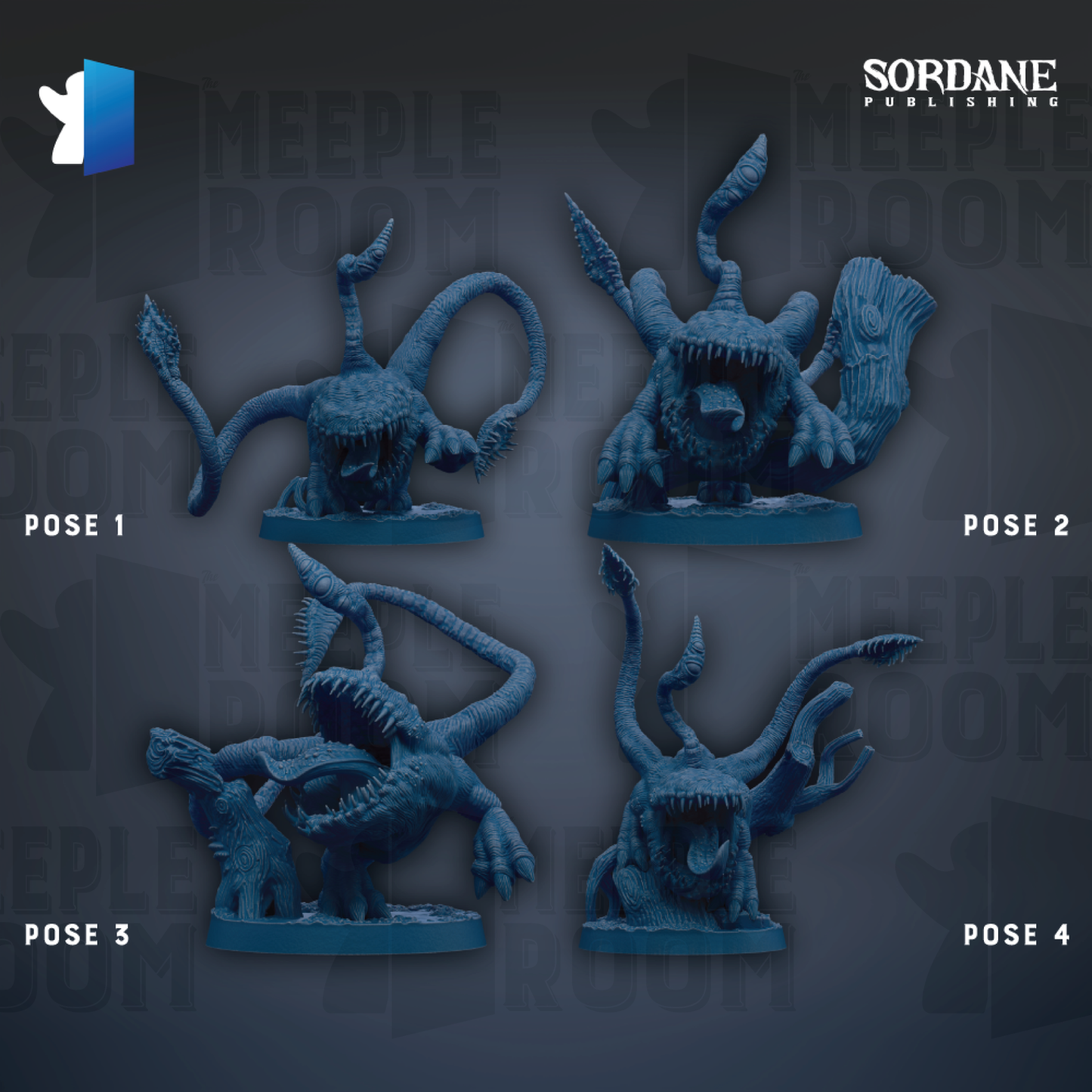 four blue figurines of fantastical creatures, each with unique poses, arranged in a grid-like pattern against a dark background.