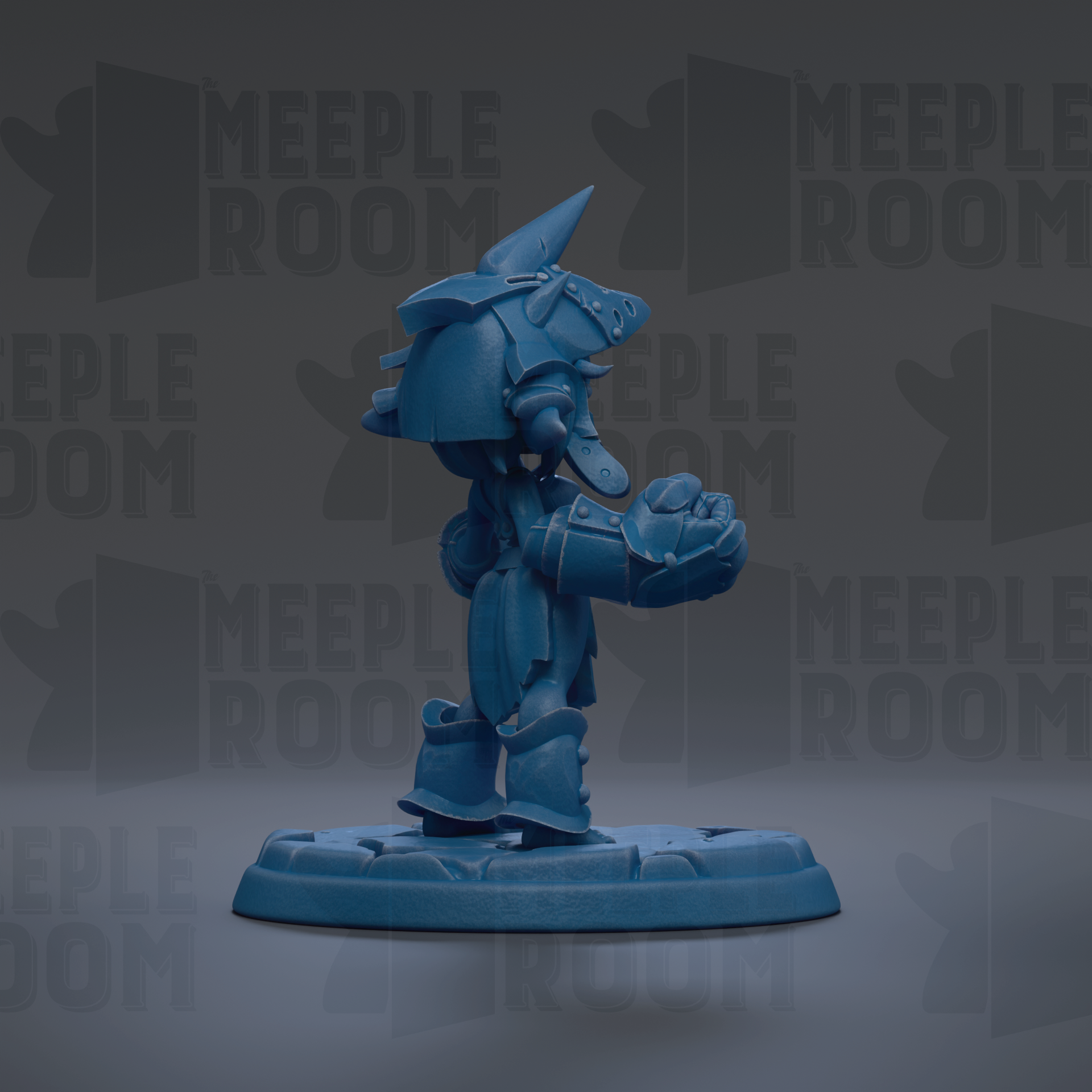 A blue figurine of a character with a pointed hat and armor stands on a base against a dark background with repeated text.