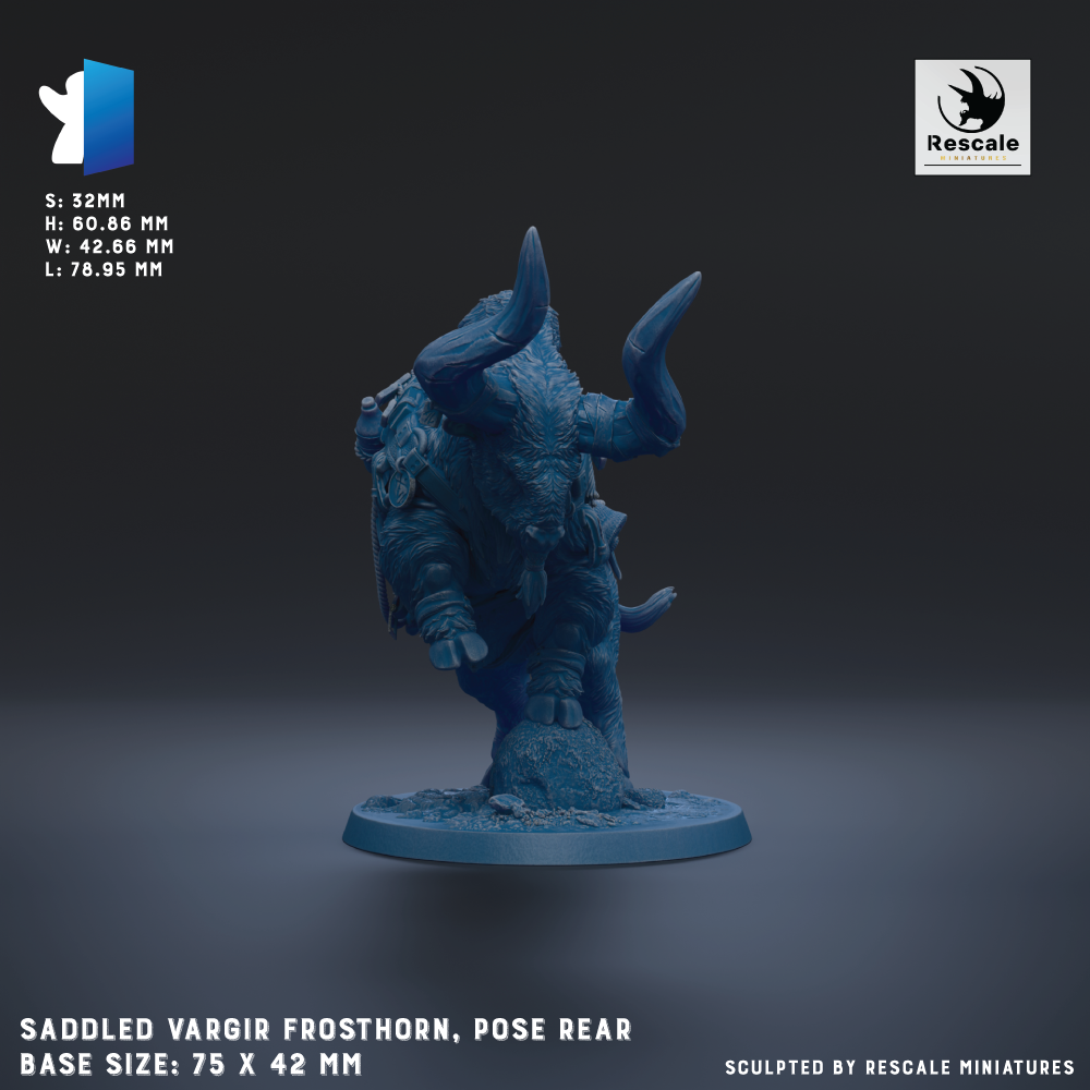 a blue statue of a mythical creature called the Vargir Frosthorn, which is a large, horned, armored figure with a long tail. The statue is posed on a base that is described as having a base size of 75 x 42 mm. The image is a 3D rendering of the statue, and it is presented against a dark background.