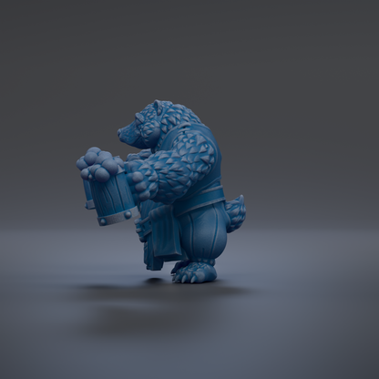 A 3D rendering of a blue bear holding a beer mug.