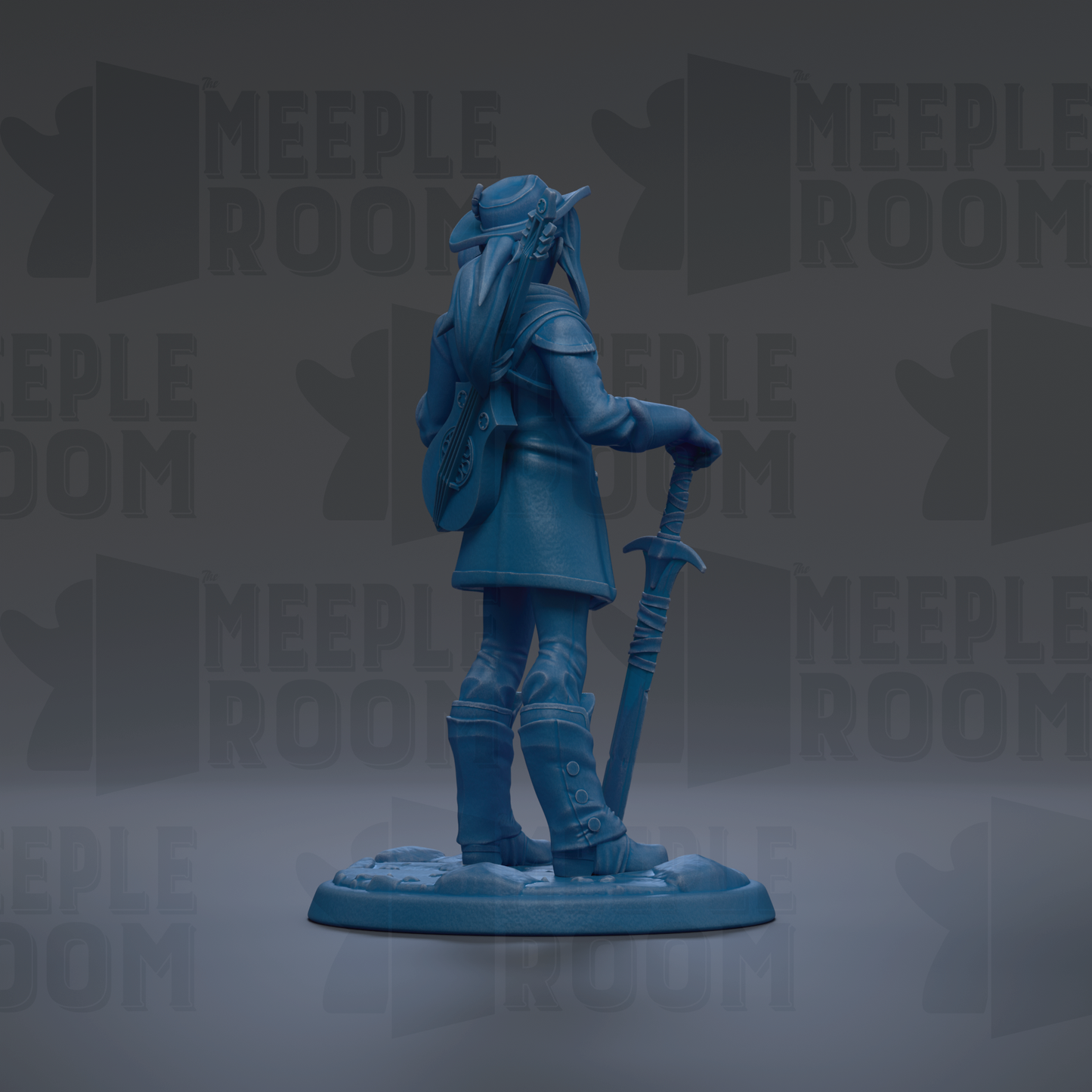 A blue figurine of a person holding a sword and shield, standing in a dark background with repeated text.