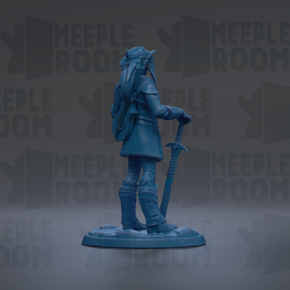 A blue figurine of a person holding a sword and shield, standing in a dark background with repeated text.