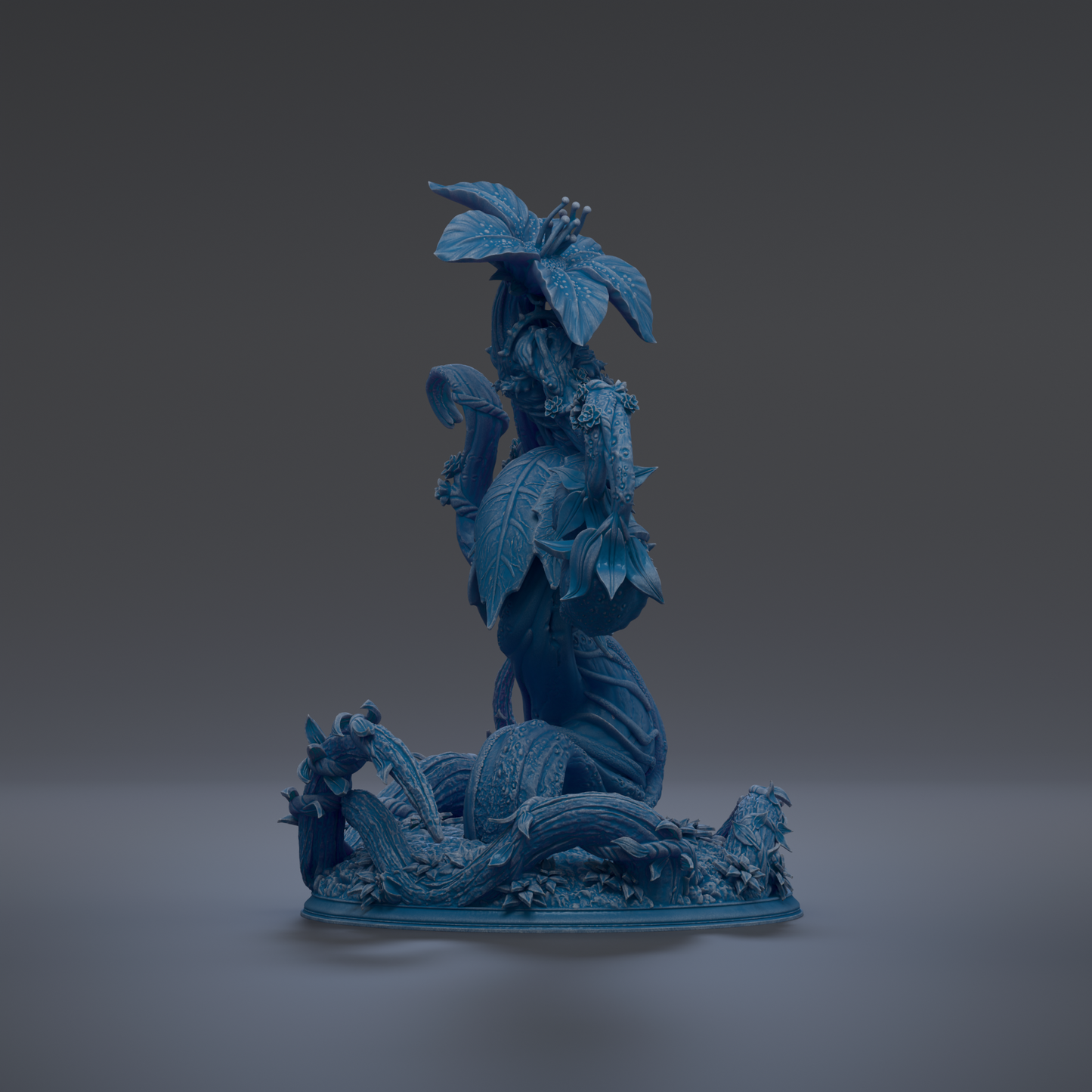 A 3D rendering of a blue, fantastical creature with intricate details and a large head, standing on a base with other fantastical elements.