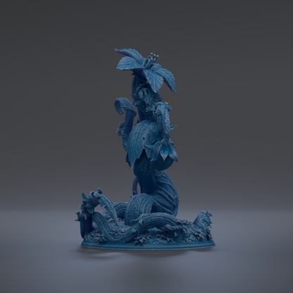 A 3D rendering of a blue, fantastical creature with intricate details and a large head, standing on a base with other fantastical elements.
