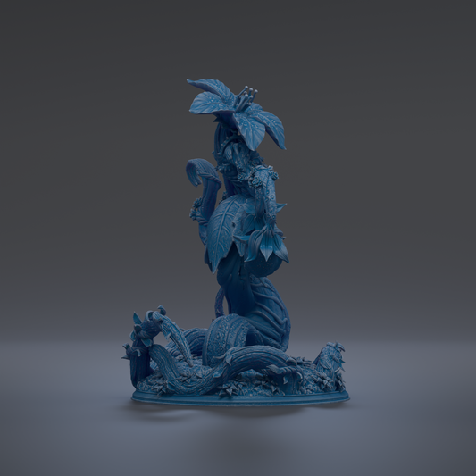 A 3D rendering of a blue, fantastical creature with intricate details and a large head, standing on a base with other fantastical elements.