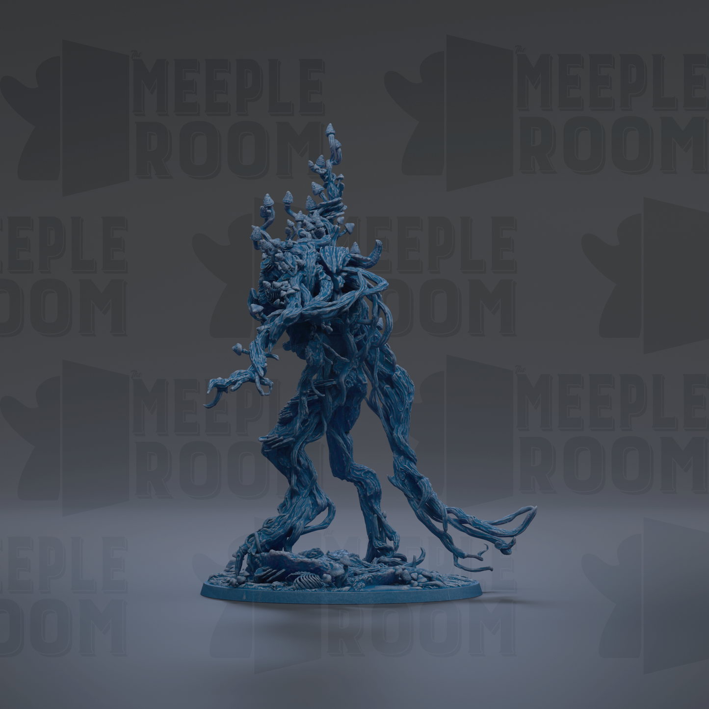A blue, abstract, and organic-looking creature resembling a tree or plant with intricate, twisted branches and roots.