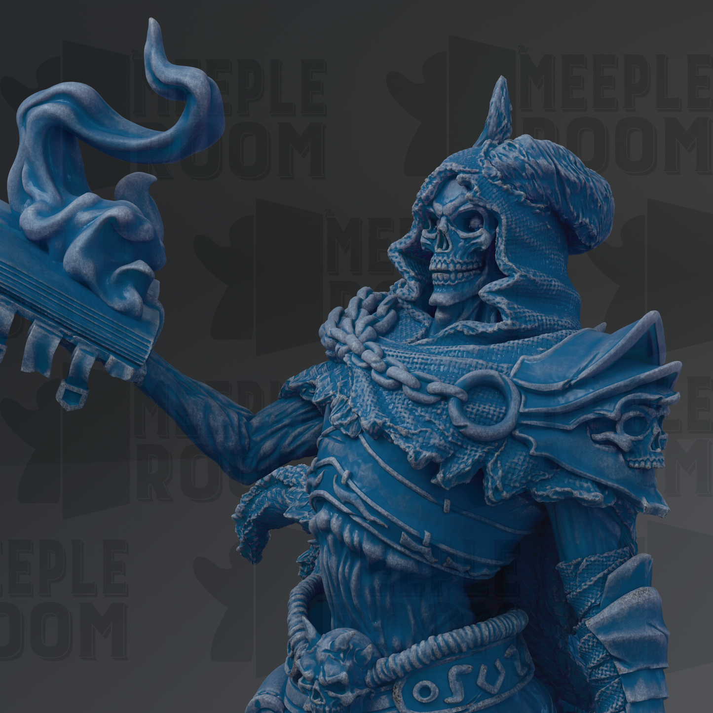 A detailed, blue-colored statue of a skeletal figure with a skull-like face, holding a weapon and wearing ornate armor.