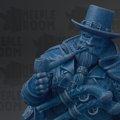 A detailed blue statue of a bearded man wearing a hat and holding a pipe, with the text "MEEPLE ROOM" visible in the background.