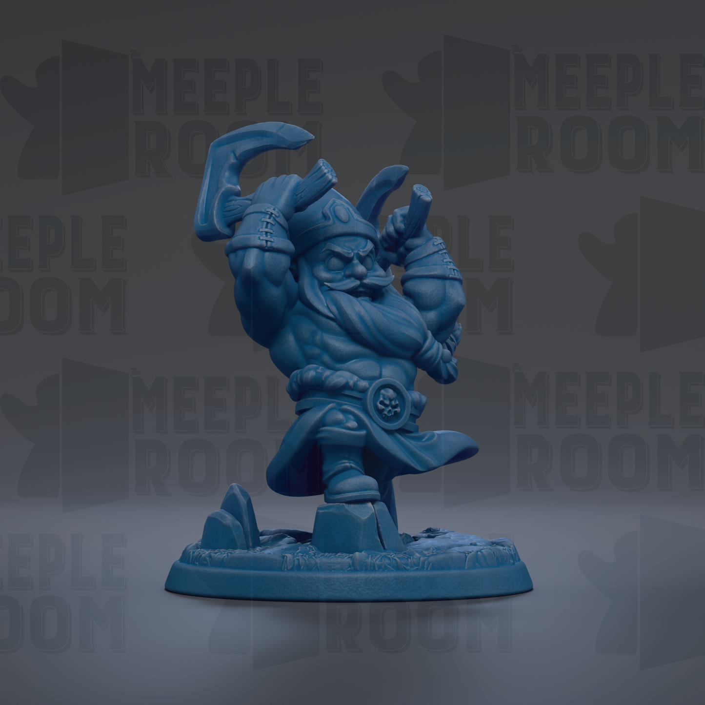 A blue figurine of a dwarf character with horns and a beard, standing on a base and holding a weapon.