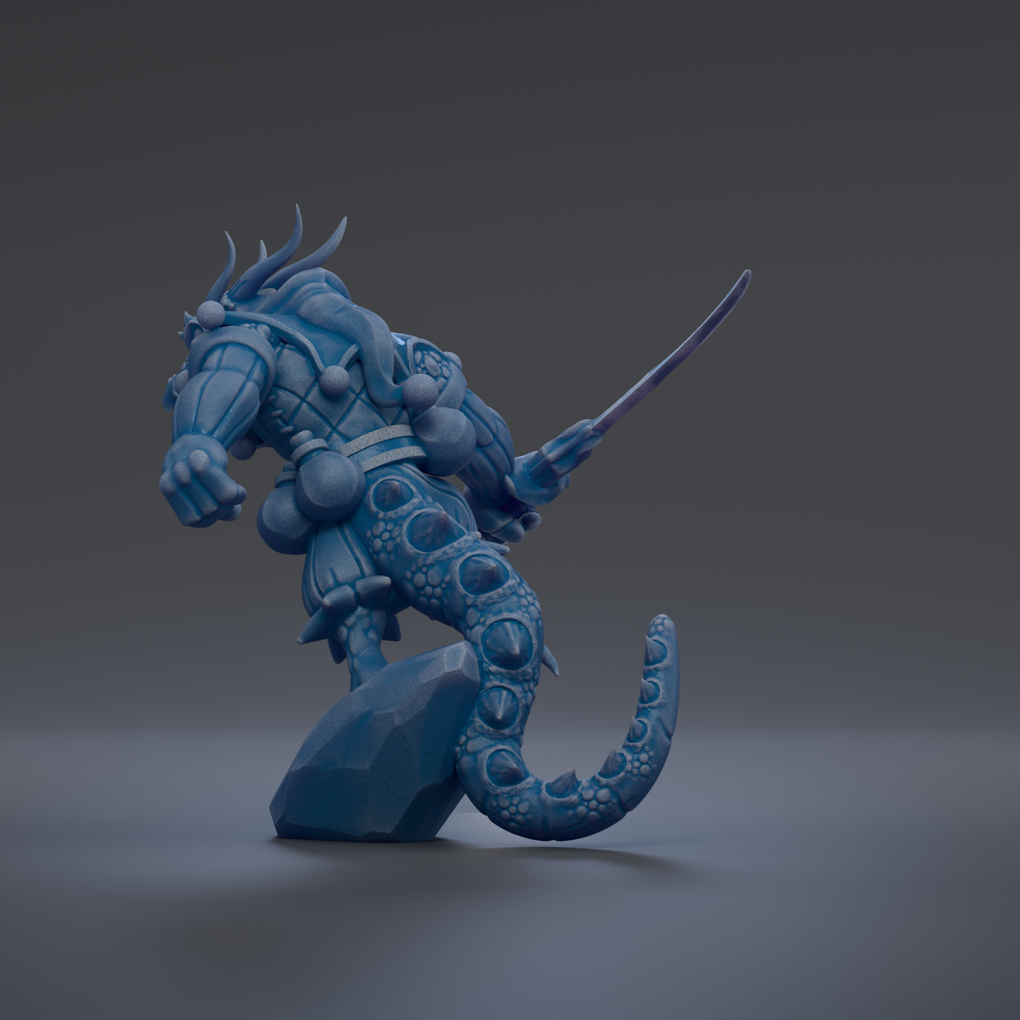 A blue, fantastical creature with a long, curved tail and sharp, curved claws is depicted in the image.