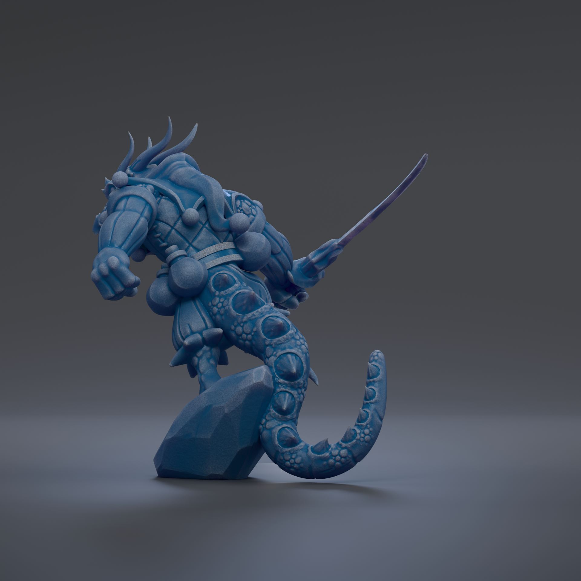 A blue, fantastical creature with a long, curved tail and sharp, curved claws is depicted in the image.