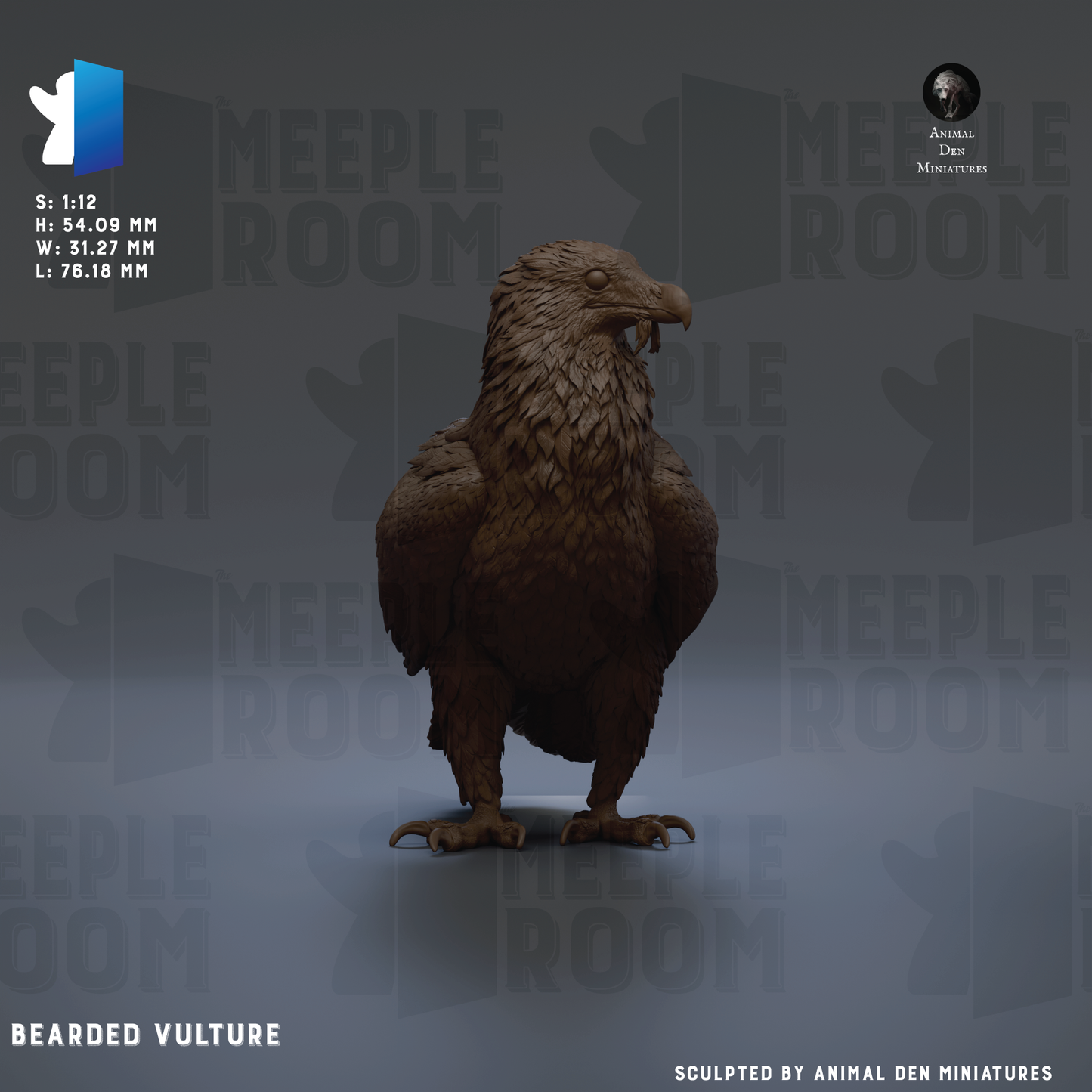 a detailed 3D rendering of a bearded vulture, with the text "BEARDED VULTURE" and "Sculpted by Animal Den miniatures" indicating that the sculpture is a product of Animal Den miniatures.