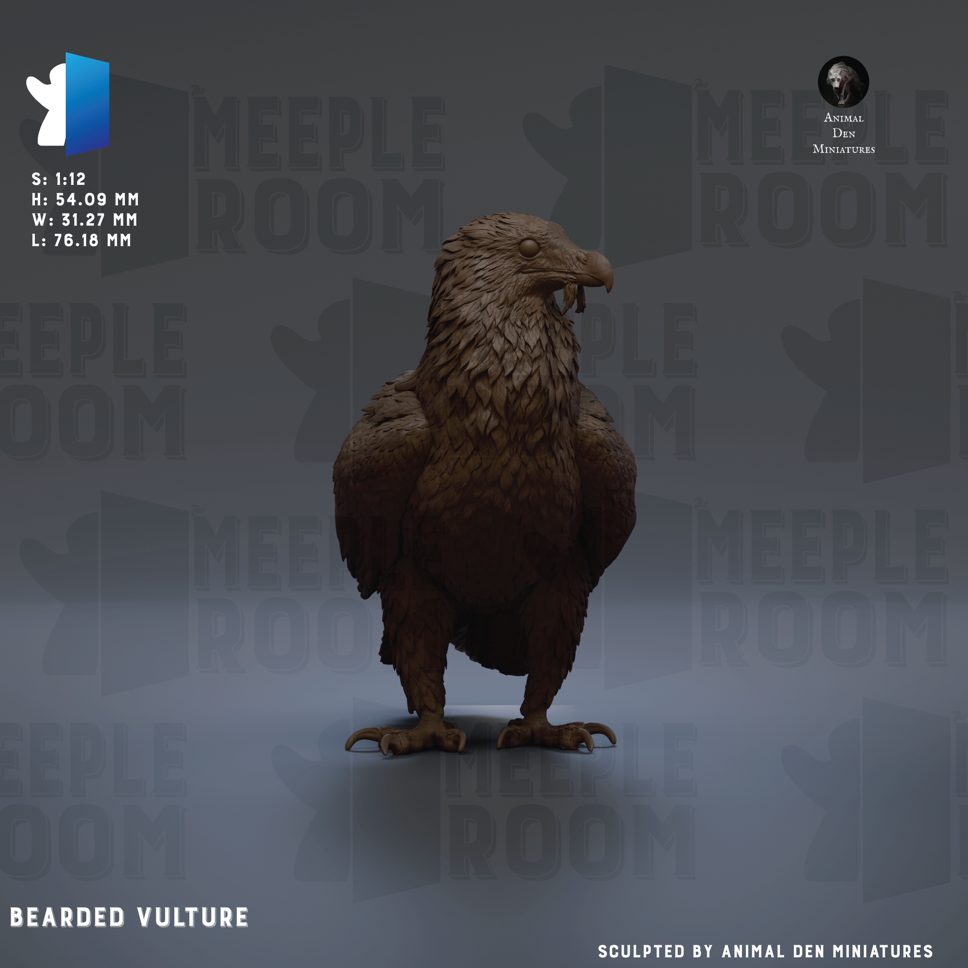 a detailed 3D rendering of a bearded vulture, with the text "BEARDED VULTURE" and "Sculpted by Animal Den miniatures" indicating that the sculpture is a product of Animal Den miniatures.