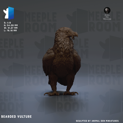 a detailed 3D rendering of a bearded vulture, with the text "BEARDED VULTURE" and "Sculpted by Animal Den miniatures" indicating that the sculpture is a product of Animal Den miniatures.