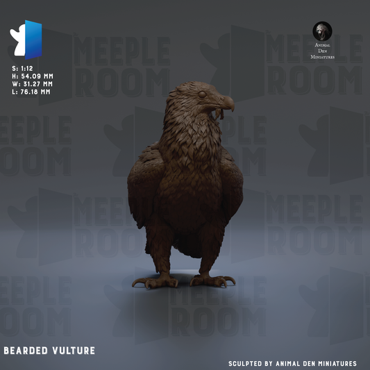 a detailed 3D rendering of a bearded vulture, with the text "BEARDED VULTURE" and "Sculpted by Animal Den miniatures" indicating that the sculpture is a product of Animal Den miniatures.