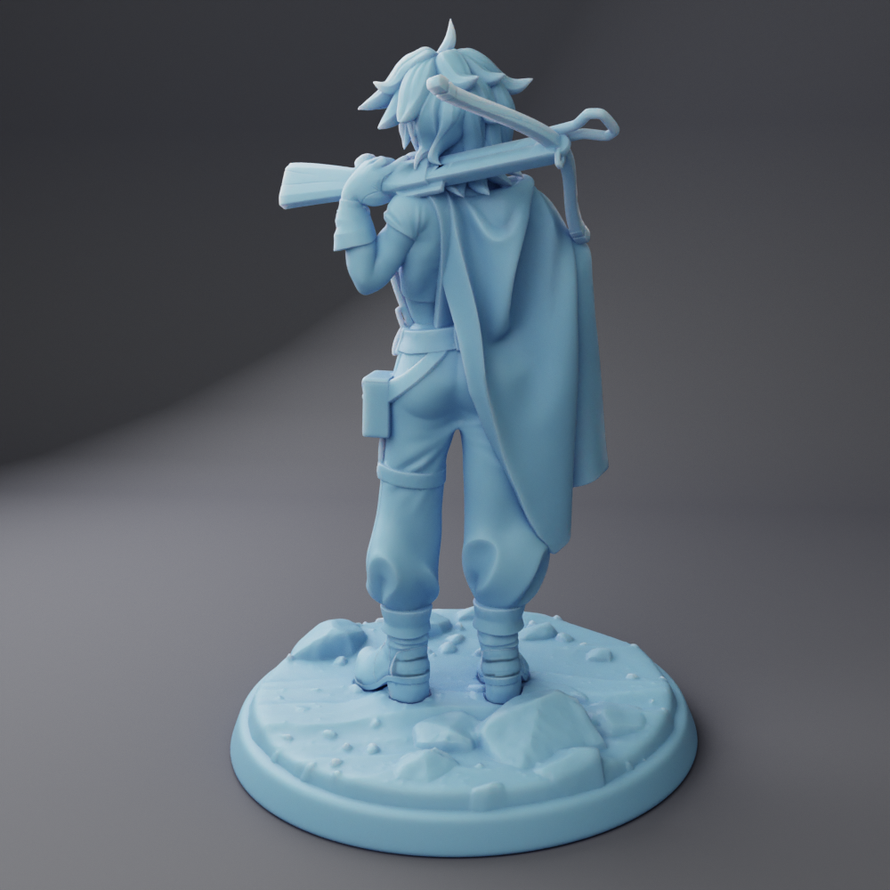 A 3D model of a character holding a crossbow and a shield, standing on a base.