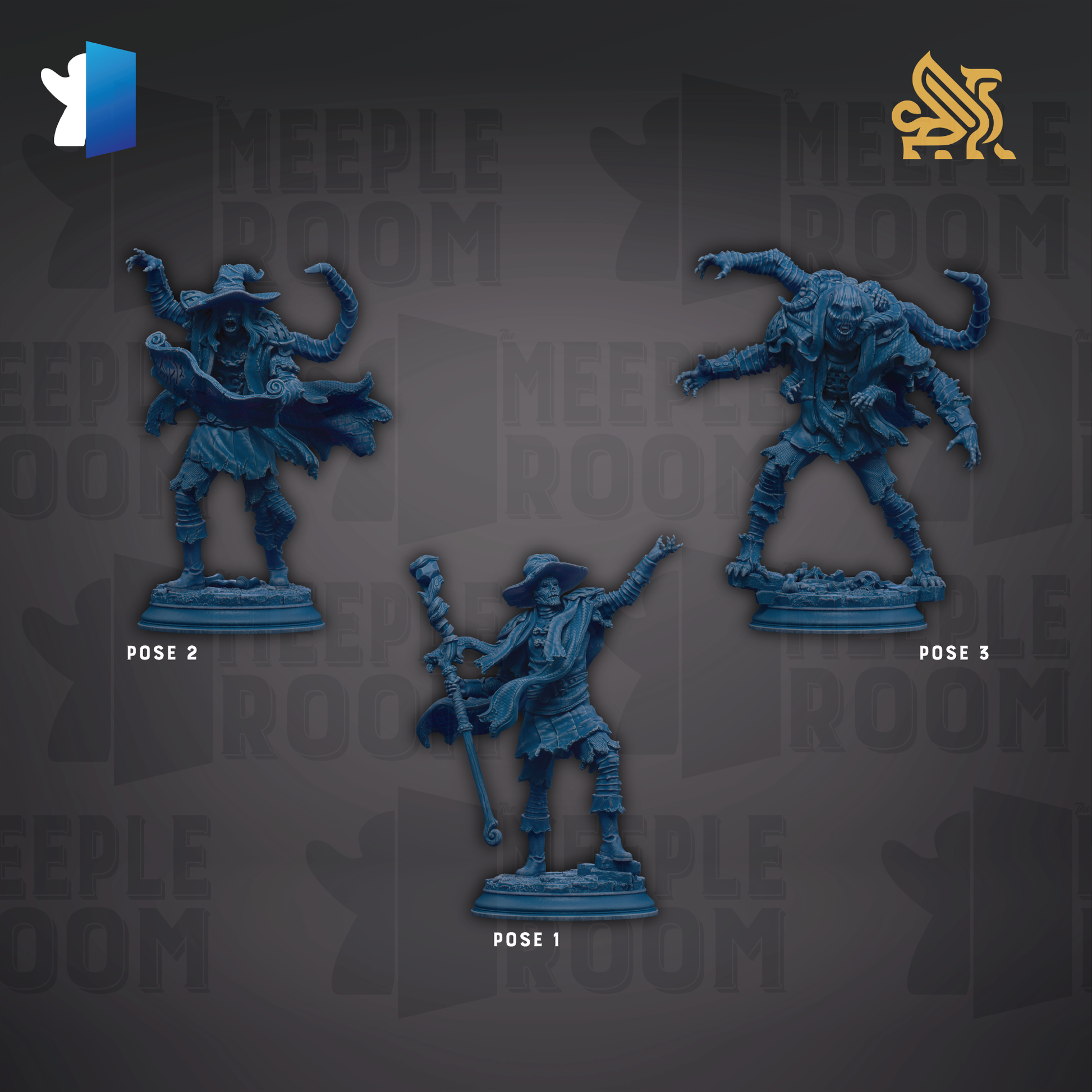 three blue figurines of characters from the game "Meeple Room" displayed against a dark background with repeated text.