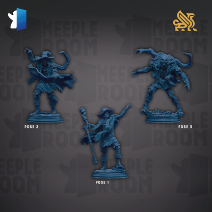three blue figurines of characters from the game "Meeple Room" displayed against a dark background with repeated text.