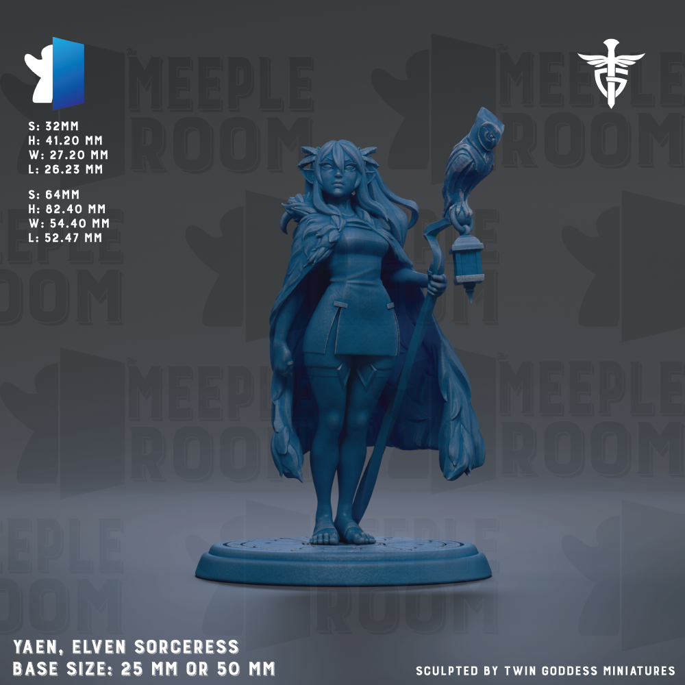 A 3D model of a female character with long hair and a flowing robe, holding a lantern and accompanied by an owl. The character appears to be a witch or magical figure. The image is described as a base size of 25mm or 50mm, and it is sculpted by Twin Goddess Miniatures.