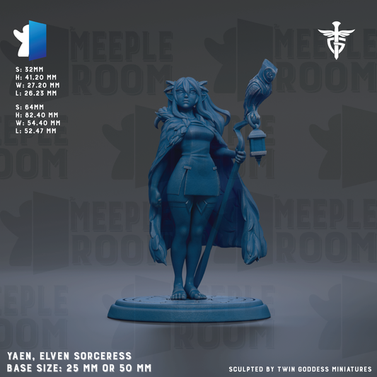 A 3D model of a female character with long hair and a flowing robe, holding a lantern and accompanied by an owl. The character appears to be a witch or magical figure. The image is described as a base size of 25mm or 50mm, and it is sculpted by Twin Goddess Miniatures.