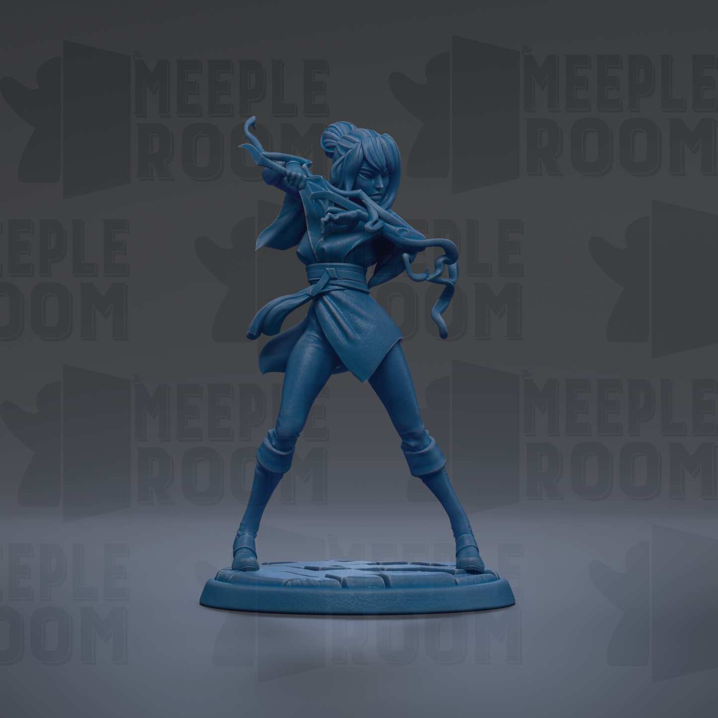 A blue figurine of a female character with a sword, standing in a fighting stance.