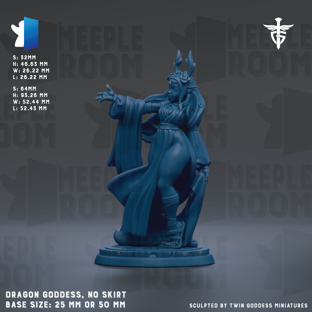 a figurine of a dragon goddess, with no skirt, standing on a base size of 25mm or 50mm.