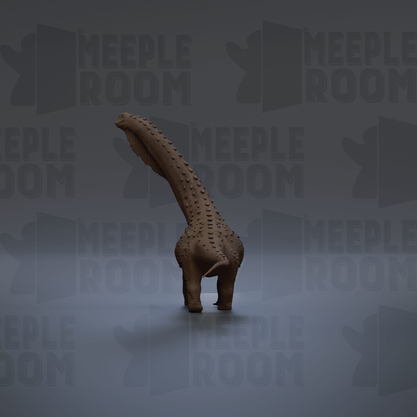 A 3D rendering of a dinosaur-like creature with a long neck and legs, standing on a gray surface against a dark background with repeated text.