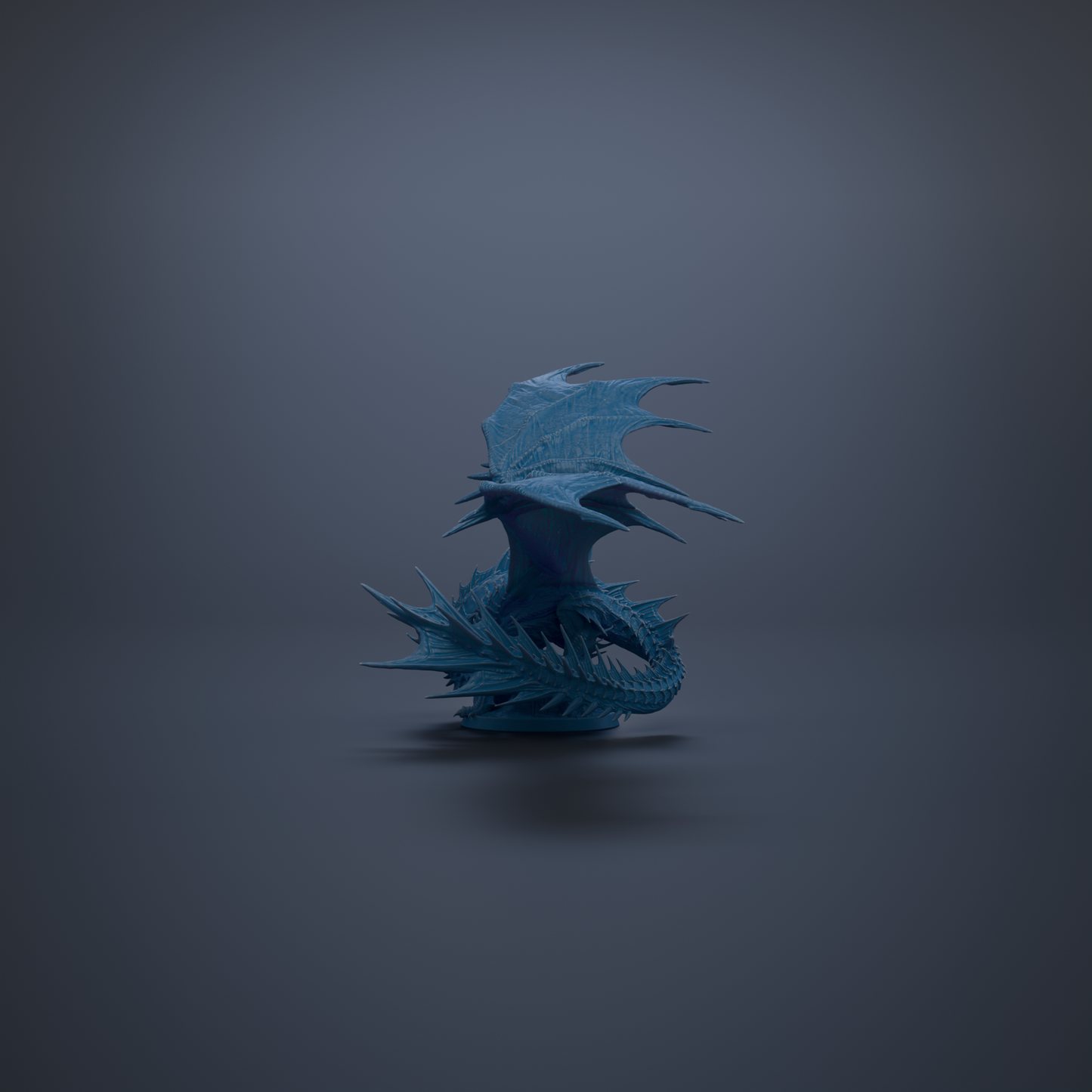 A blue dragon-like creature with sharp, pointed features stands alone against a dark background.